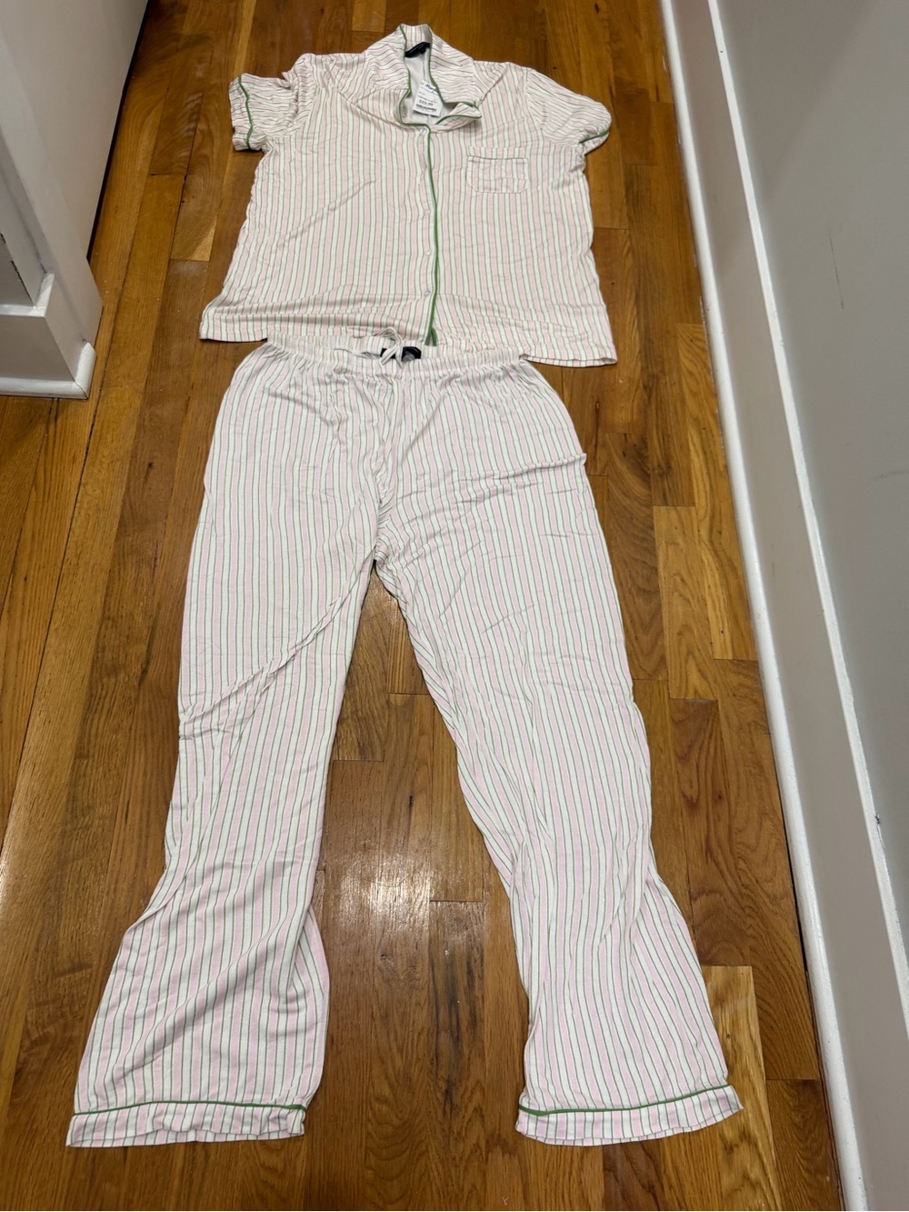 French Connection White Pajama Set with Pink & Green Stripes